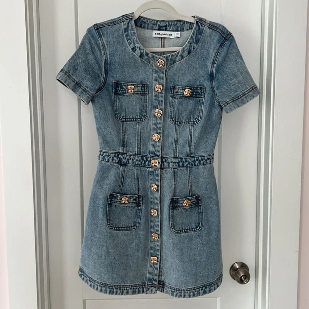 Self Portrait denim buttoned mini dress light blue size 4 - Picture 4 of 9